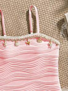 SHEIN Tween Girls One-Piece Swimsuit With Textured Fabric And Mesh Skirt, Suitable For Beach, Pool, Leisure And Holiday, Spring/Summer - Pink - View 5