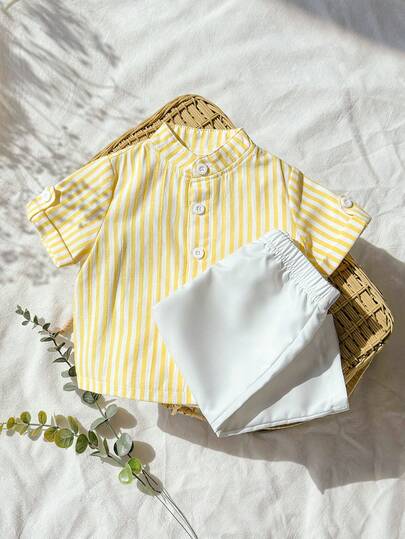 SHEIN Vintaside Kids 男婴休闲条纹polo衫+松紧腰条纹裤两件套，适合生日派对、晚宴、演出、婚礼、婴儿派对等场合。