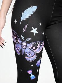 ROMWE Vacation Outfit Gothic Mysterious Moth Print Tight Leggings For Women - Black - View 6