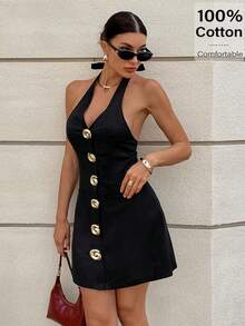 Siren Gaze 2025年夏季女士穿搭：性感露背吊带迷你连衣裙，金属纽扣前襟，黑色A字棉麻连衣裙，适合休闲派对、夜店、办公室等各种场合，时尚百搭。 - 黑色 - 查看 2