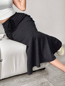 Aidyla Women's Solid Color Simple Daily Wear Drawstring Waist Skirt Maxi - Dark Grey - View 3