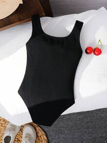 SHEIN 女童純色方領休閒連身褲 - 黑色 - 查看 2