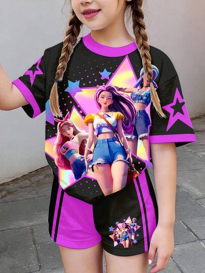 SHEIN Back To School, Cartoon Girl, Sports Style Purple & Black Color Block, K-Pop Superstars, Chill Chill, Spring Vibes, Matching Mother-Daughter/Best Friends Set, Young Girl Casual Minimalist Short Sleeve Shorts 2-Piece Outfit, Korean Style