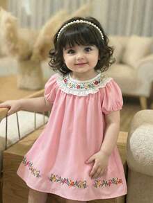SHEIN LMoss Kids Young Girl Ditsy Floral Loose Fit Short Sleeve Vacation Dress,Kids - Multicolor - View 5
