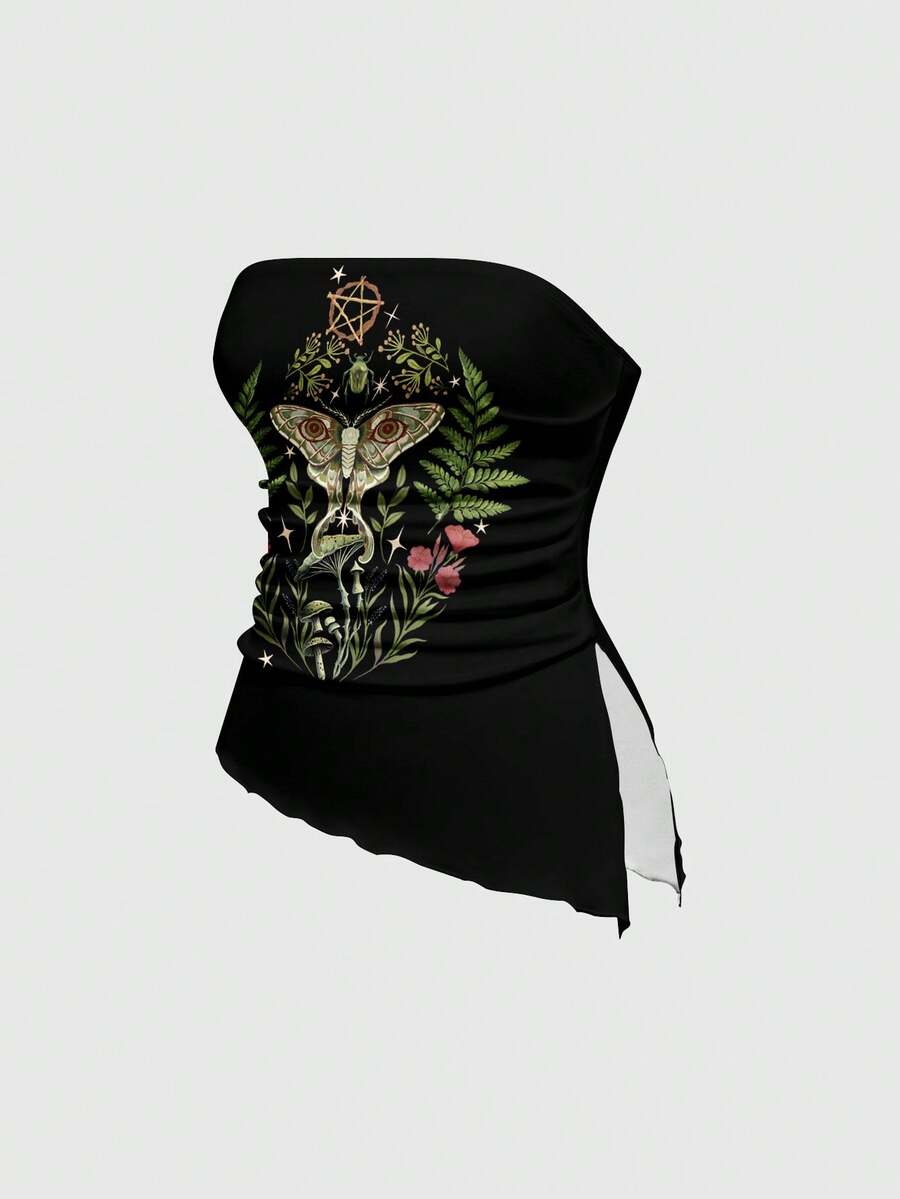 ROMWE Romantic Gothic Moth Butterfly Leaf Print Halter Asymmetric Shoulder Blouse For Women, Spring/Summer - Black - View 1