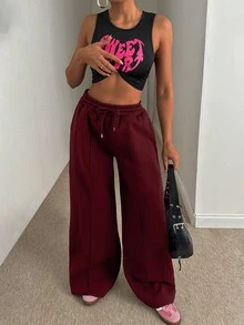 EURMUSE Women Loose Fit Front Stitch Detailed Sweatpant Pant - Burgundy - View 6