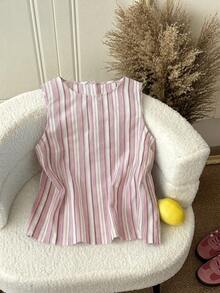 SHEIN LUNE 女士休闲条纹纽扣无袖衬衫 夏季女装 夏季上衣 春季女装 外出上衣 度假女装 夏季假期 粉色邮轮女装 背心 度假装 - 彩色 - 查看 2