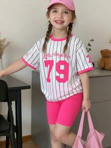 SHEIN 两件套女童字母印花针织柔软圆领短袖上衣和松紧腰短裤套装 - 粉色 - 查看 8