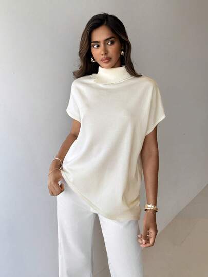 Aloruh Blusa de punto de manga corta con cuello alto y bajo asimétrico, de unicolor, versátil para uso diario