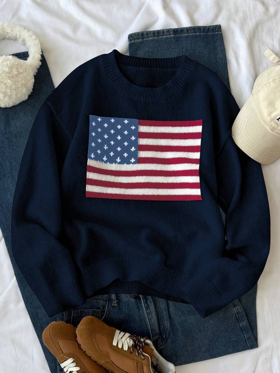 SHEIN Autumn/Winter New American Flag Print Knit Sweater Long Sleeve, Loose Fit Knitted Pullover Top For Teen Girls Usa Sweatshirt Youth Sweaters Flag Sweater Fourth Of July Sweatshirt - Navy Blue - View 1