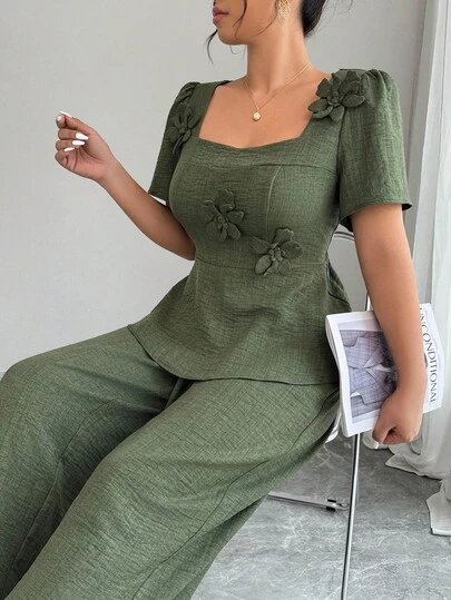 Elenzga Women's Plus Size Elegant 3D Floral Decor Square Neck Short Sleeve 2-Piece Set, Spring/Summer Pant Suit Summer Sets Green Set Women Comfortable Two Piece Set