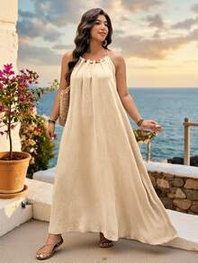 SHEIN LUNE Plus Size Women's Khaki Summer Boho Beach Holiday Beaded Halter Maxi Dress,Elegant Waist-Cinched A-Line Flowy Dress For Vacation,Parties&Weddings - Apricot - View 8