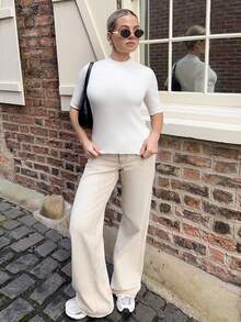 Bethéva 女式半高领修身短款七分袖针织套头衫秋季 - 白色 - 查看 2