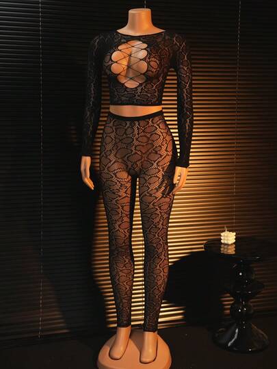 2pcs Women's Sexy Leopard Print Hollow Mesh Sheer Bodysuit Set, Lingerie For Women,Sexy,Valentine's Day,Sexy Lingerie,