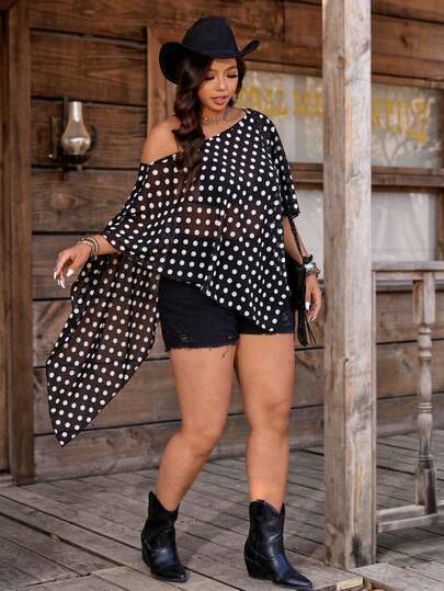 Nubod 大码女式休闲雪纺斜肩黑白波点珍珠衬衫