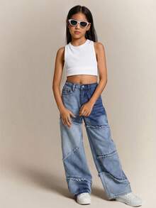 Radiana Tween Girls Y2k Fashionable Washed Distressed Light & Dark Blue Splice Raw Edges Loose Fit Denim Baggy Pants,For Girls Spring/Summer Streetwear Outfits - Medium Wash - View 3