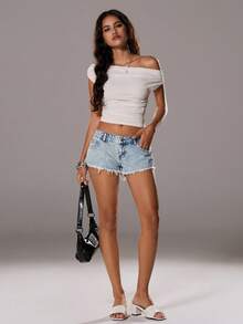 SHEIN Tall 女士休闲低腰牛仔短裤，夏季 - 藍色 - 查看 3