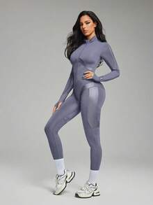 Innovista Women's Fashion Zipper Half-Zip Long Sleeve Jumpsuit Ski Suit Zip PU Catsuit Blue-Gray Long Sleeve Unitard/Jumpsuit, Front Zip+Guard, Removable Pads, Thumbholes, Tonal Stretch PU Panels, Sculpting Compression | Gym HIIT Yoga Pilates |  Mono Gris Azulado Con Cremallera | Macacão Cinza-Azulado Zíper | جمبسوت رياضي | Gymtok Moto Athleisure - Dark Grey - View 7