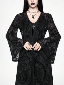 ROMWE Goth Cárdigan transparente con mangas acampanadas de estilo boho gótico, inspirado en el bosque prohibido oscuro - Negro - Ver 3
