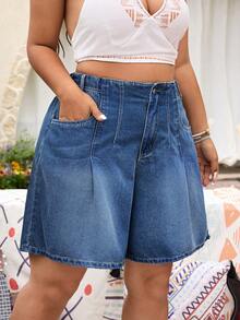 EMERY ROSE 大码女式无弹力牛仔百慕大短裤，休闲宽松薄款复古水洗阔腿七分牛仔裤，夏季 - 深色水洗藍 - 查看 3