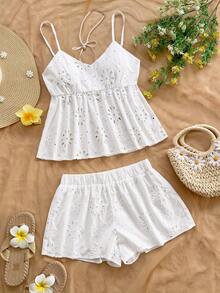 Soleia Bộ áo hai dây và chân váy ngắn họa tiết hoa, trang phục mùa hè kiểu Pháp ngọt ngào gồm 2 món. - trắng - Xem 4