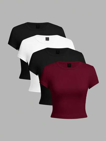 SHEIN EZwear Conjunto de 4 camisetas ajustadas de manga corta y cuello redondo para mujer, apropiadas para el verano