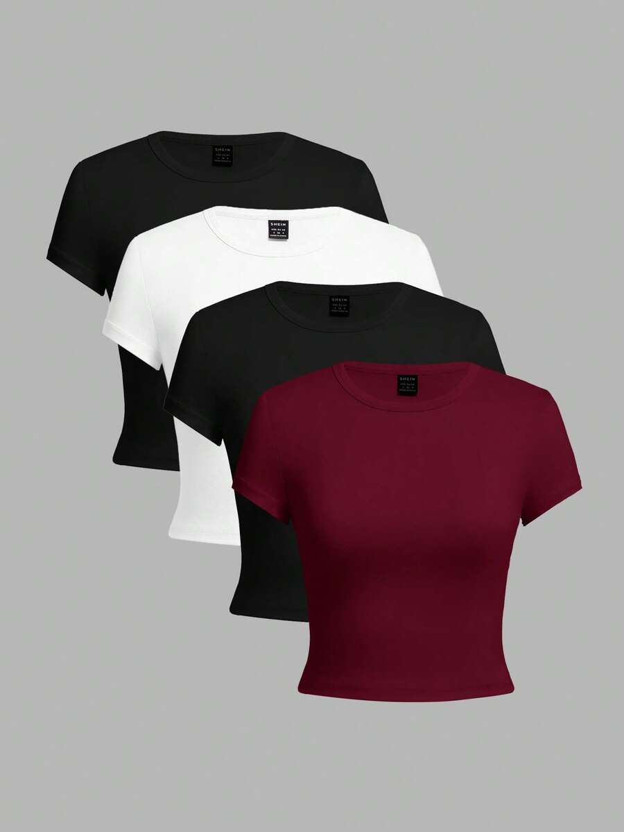 SHEIN EZwear 4件套女士休闲圆领短袖修身T恤，适合夏季穿着 - 彩色 - 查看 1