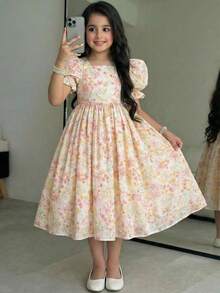 SHEIN Tween Girl Elegant Square Neck Puff Sleeve Ditsy Floral Dress - Pink - View 3