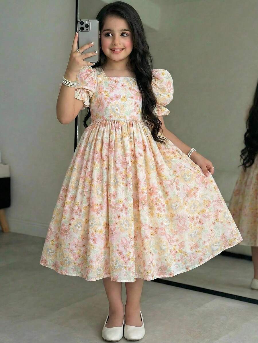 SHEIN Tween Girl Elegant Square Neck Puff Sleeve Ditsy Floral Dress - Pink - View 1