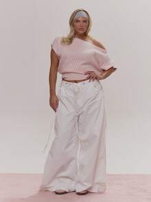 MUSERA One Shoulder Knit Drape Cinched Waist Short Sleeve Top Cute Cosy Spring Everyday Sugar Swizzle - Baby Pink - View 5