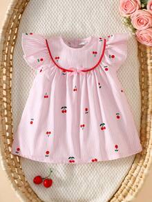 SHEIN Đầm công chúa mùa hè dễ thương cho bé gái sơ sinh, họa tiết quả anh đào sọc hồng trắng + nơ trang trí, chất liệu vải dệt, tay bồng nhỏ, dáng chữ A, không lót lông cừu, thích hợp cho chụp ảnh ngoài trời, dự tiệc, sinh hoạt hàng ngày, đầm cho bé gái 0-9 tháng tuổi. - Hồng - Xem 4