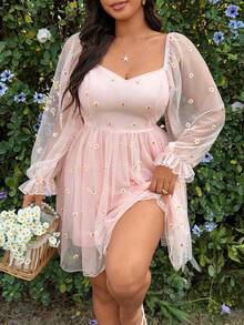 Sunnyshic Romantisches A-Linien-Kleid mit Raffungen, quadratischem Ausschnitt und Tüll-Gänseblümchen-Muster in Große Größen - Pink - Übersicht 6