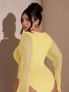 SHEIN BAE Plus Size Women's Elegant Eggplant Purple Long Sleeve Bodysuit, Autumn/Winter - Yellow - View 2