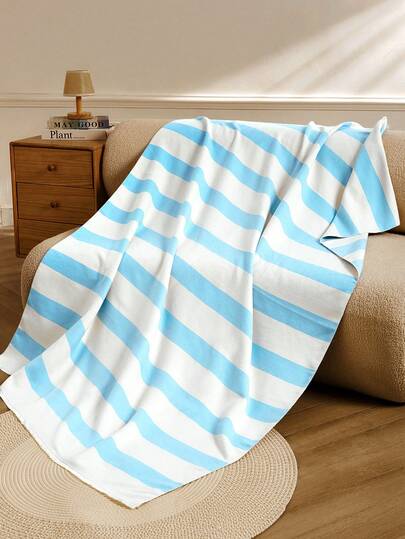 1PC Imitation Cashmere Morandi Blue Minimalist Wave Striped Sofa Jacquard Bed Blanket, Outdoor Outing Warm, Shawl Outdoor Picnic Blanket, Pet Blanket, Office Camping Shawl Air Conditioner Quilt, Simple Gift Outdoor Carpet Suitable For Daily Use