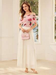 MOTF PREMIUM ELEGANT ROSE PRINT FOLDOVER OFF SHOULDER FITTED T-SHIRT - Pink - View 4