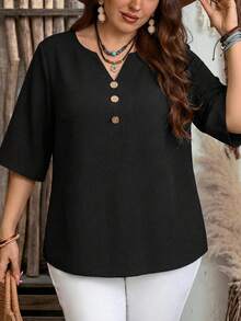 EMERY ROSE Plus Size Women Black Solid Color Casual Shirt, Suitable For Summer, Casual Tops, Suitable For Outings, Commuting, Vacation Plus Size Black Shirt Plus Size Casual Tops Black Work Top - Black - View 3