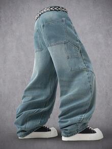 Manfinity Denimwave Quần jean thợ mộc ống thẳng kiểu vintage dành cho nam giới, đã qua xử lý giặt. - Rửa nhẹ - Xem 2