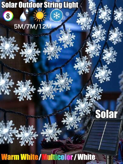 太阳能雪花灯串，5米20灯/7米50灯/12米100灯，圣诞装饰，多色/暖白/白光，8种灯光模式，户外防水，花园节日装饰，营造浪漫氛围，适用于卧室、庭院、露台、节日、派对、圣诞树装饰