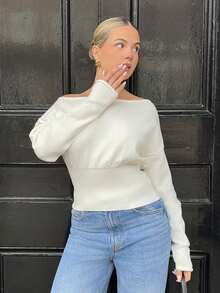 Bethéva 女士秋冬露肩罗纹紧身棕色毛衣 - 白色 - 查看 6