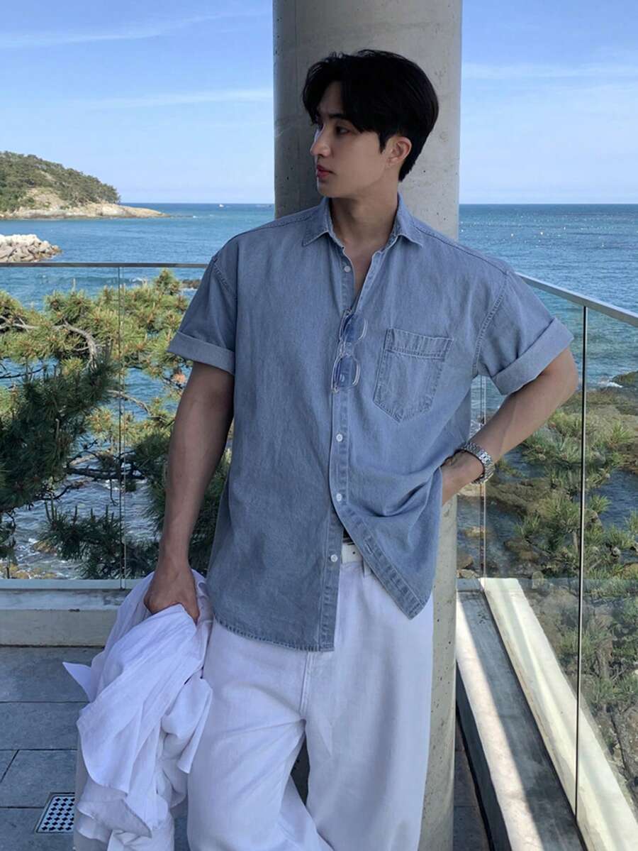 DAZY Men's Summer Solid Washed Denim Jacket - Blue - View 1