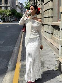 Siren Gaze Women's Polka Dot Print Maxi Mermaid Skirt - White - View 5