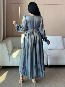 DAZY Đầm dài nữ thanh lịch phối màu, đính sequin, cổ chữ V, tay phồng, xếp ly, thích hợp cho dự tiệc cưới mùa xuân/hè. - Màu xanh lam - Xem 2