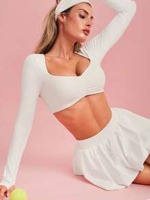 GLOWMODE Valentine's Day FeatherFit™ Heartline Buttery-Soft Sweat-Wicking Stretchy Thumbhole Design Gathered Bust Removable Cups Cropped Long-Sleeve Low Impact Yoga Studio Gym Daily Active Wear - White - View 1
