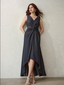 MOTF PREMIUM WOMEN'S ASYMMETRIC HEM TWIST FRONT SLEEVELESS DRESS - Blue - View 1