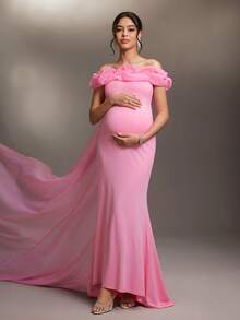 Cheriluna Maternity 优雅单肩花卉图案网纱长裙，孕妇写真风格 - 粉色 - 查看 4