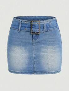Sweetra 女士时尚休闲百搭性感低腰牛仔迷你裙 - 淺色水洗藍 - 查看 1