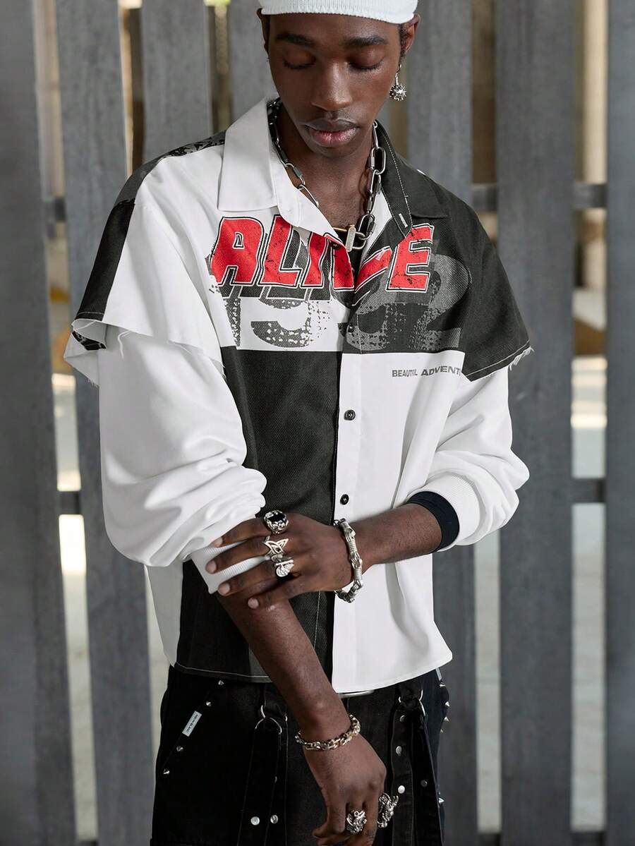 NEON BLANC Men's Minimalist Printed Long Sleeve Casual Shirt - Black and White - View 1