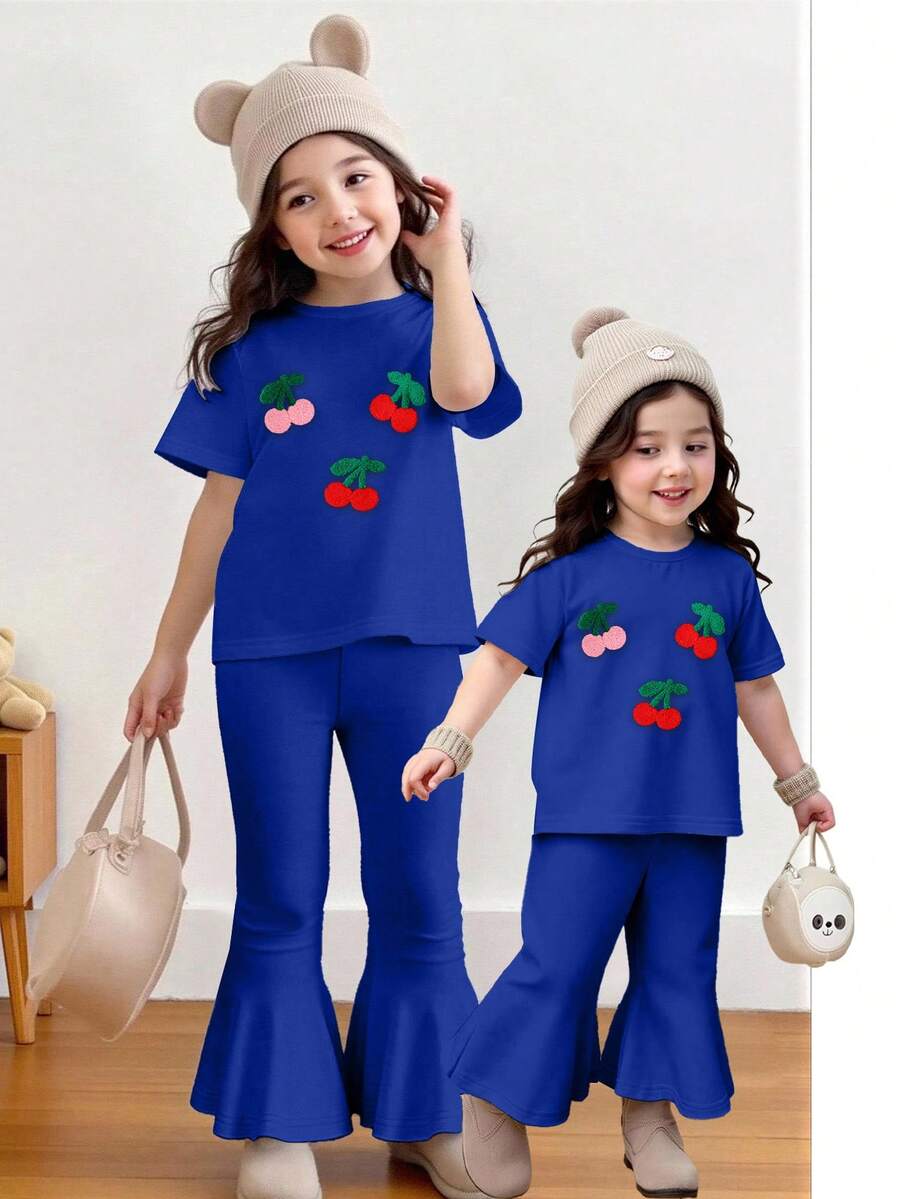 2pcs Baby Girls' Cute Cherry Print T-Shirt And Flare Pants Outfit, Comfortable And Versatile For Spring, Summer, Autumn, Winter - Multicolor - View 1