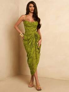 SHEIN BAE 春夏纯色绿色提花编织吊带系带连衣裙，侧边高开衩，性感优雅，适合度假、约会、音乐节、生日、早午餐、婚礼宾客、伴娘等场合。 - 綠色 - 查看 3