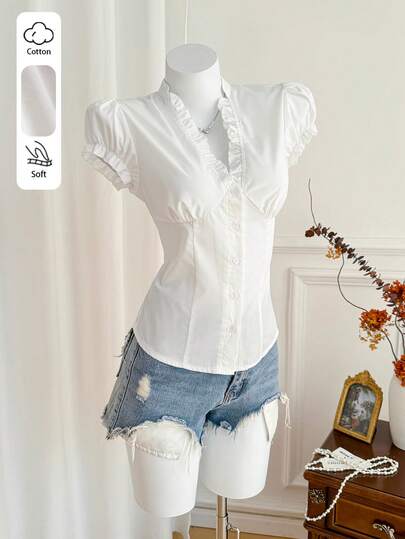 Elamini Minimalist American Style White Frill V-Neck Short Sleeve Cotton Blouse, Ruched Cinching Waist Women Shirt